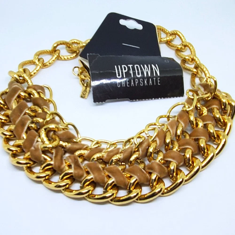 NWT Wide Gold Chain Choker Statement Collar Necklace with Velvet Ribbon Wrap